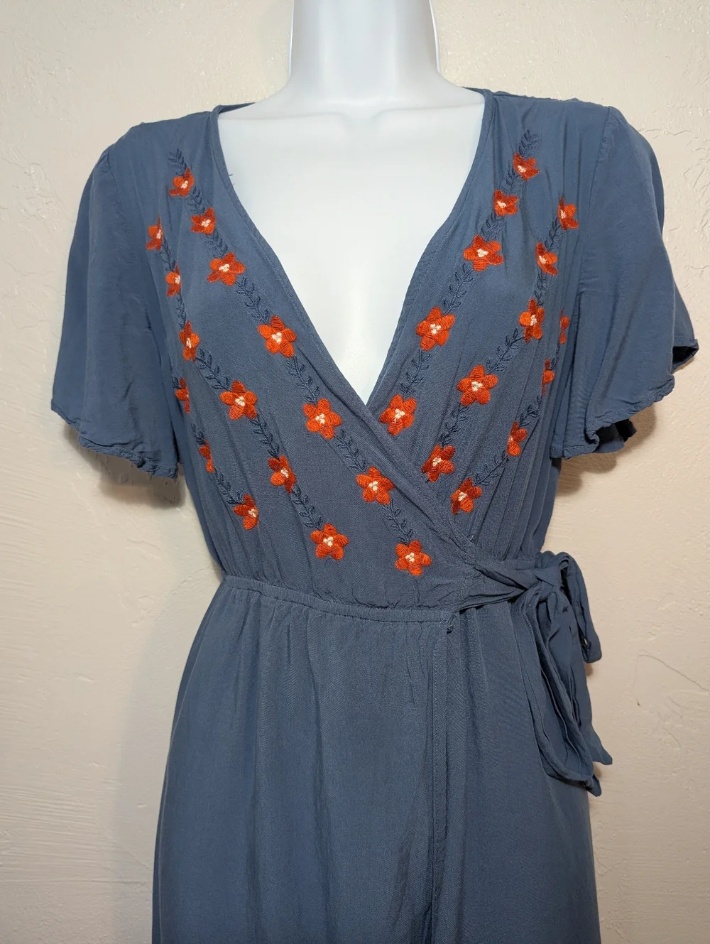 Blue Cottagecore Wrap Dress Boho Floral Embroidery Flowy Hippie Casual Summer
